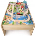 Set trenulete din lemn Busy City 2 in 1  cu masuta de joaca si sertar si 80 de piese